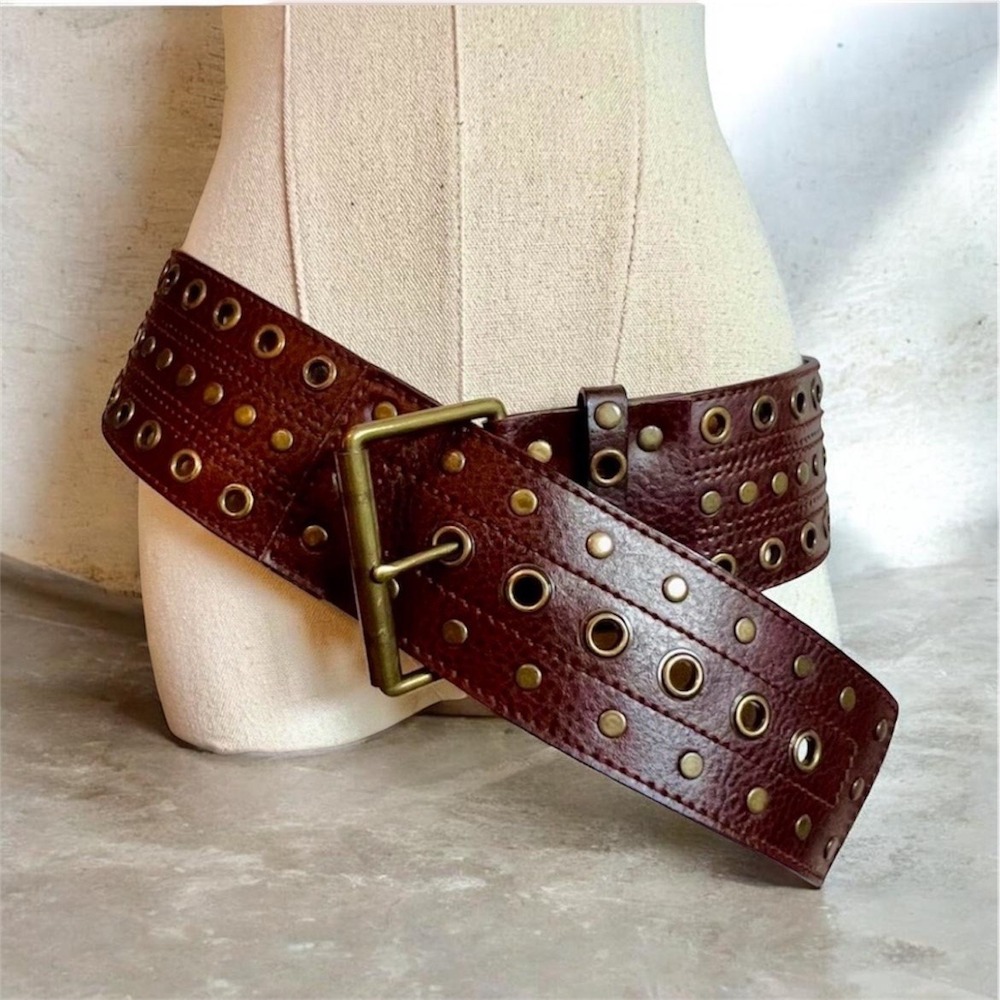 Express Womens Wide Brown Genuine Leather Grommet Studded Belt Brass Buckle M